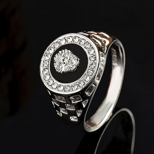 Fashion Man Diamond Cut Oil Dripping Round Lion Head Ring